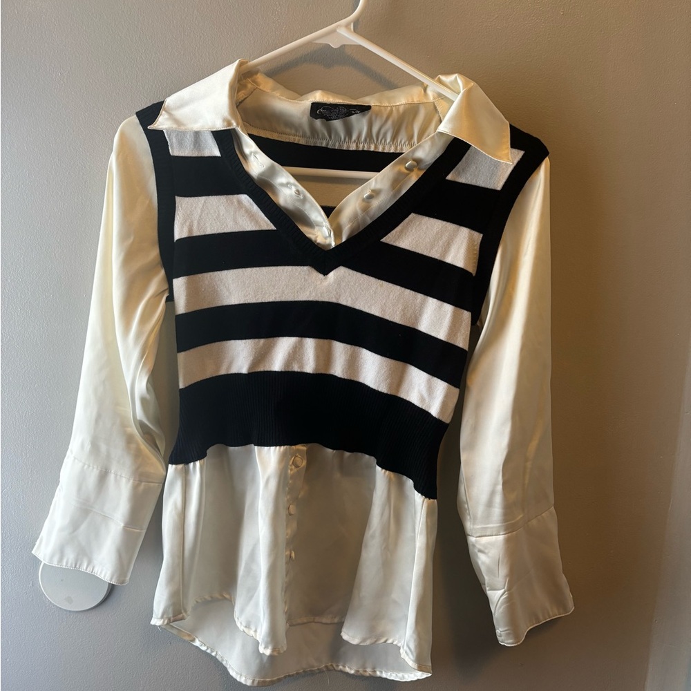Striped Knit Vest Overlay Blouse - Black & Cream